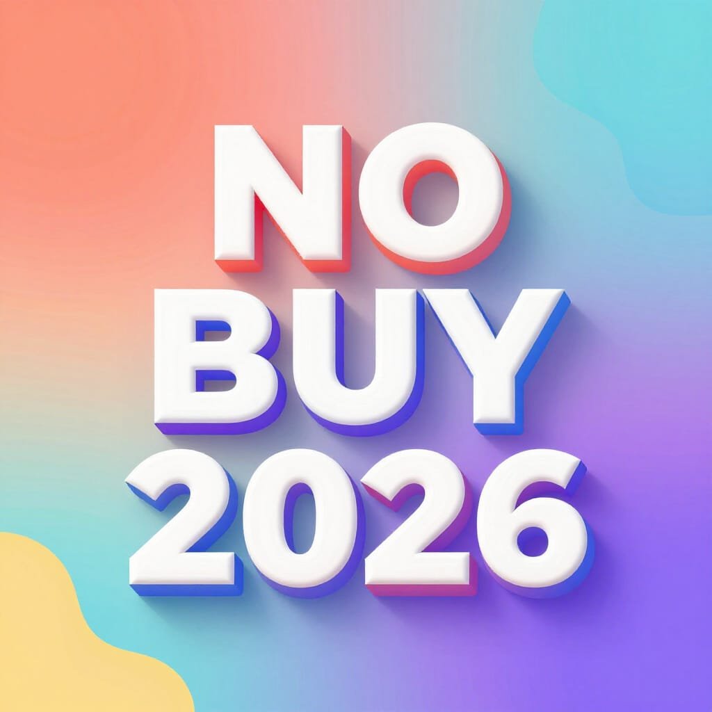 Typography graphic reading “No Buy 2026” representing the intentional spending and mindful consumption trend.