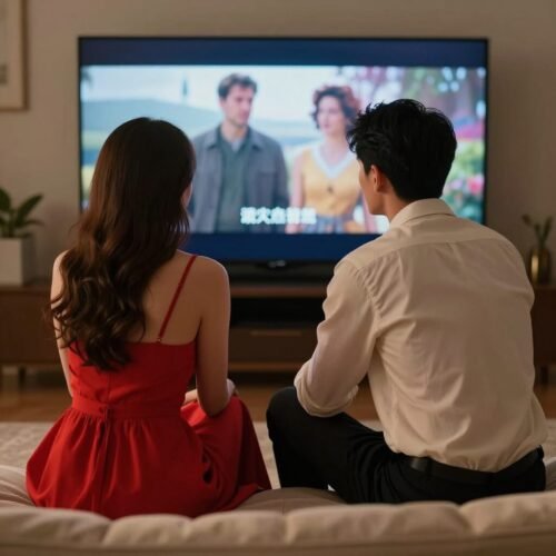 A couple sitting on a sofa watching a romantic movie at home, creating a cozy and intimate evening atmosphere.
