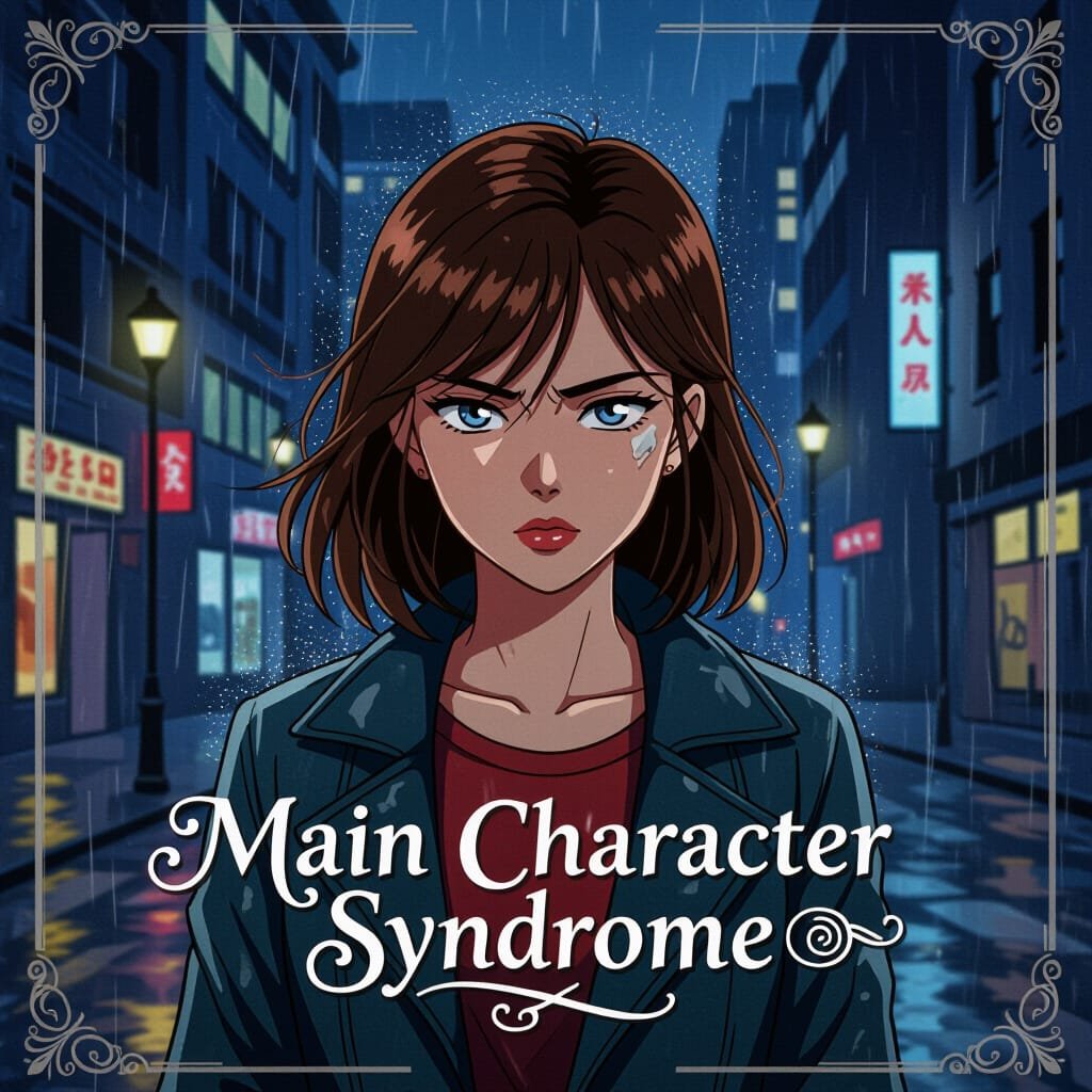 Aesthetic illustration of a confident woman in a rainy city street representing main character syndrome and main character energy trend