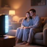 Couple watching a movie together at home, a cozy Valentine’s Day night in.